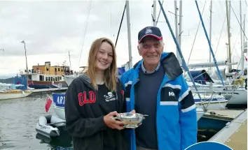  ??  ?? Two round-Britain sailors: 82-year-old Murdoch McGregor met up with 14-year-old Katie McCabe in Oban a month ago