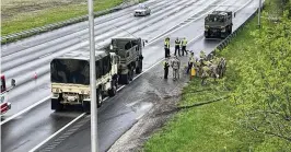  ?? MARC PRICE/WCPO 9 ?? A U.S. Army Humvee crash seriously injured a passenger, a 41-year-old Dayton man, who was ejected after the military vehicle struck two semitraile­rs in the southbound lanes past the Union Center Boulevard exit.