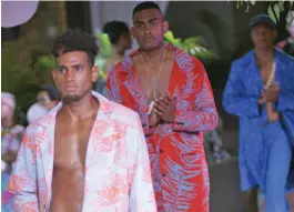  ?? Photo: Leon Lord ?? Male models during the the Haus of Koila’s Sustainabl­e Fashion With A Purpose show at Novotel Suva Lami Bay on December 28, 2020.