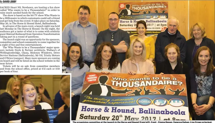  ??  ?? Special guest Mairead Redmond tries out the game at the launch. The organising committee at the launch in the Horse and Hound (from left), front – Emma Hogan, Vanessa Gahan, Lisa Crowe principal, Mairead Whelan and Dee Brennan; back – John O’Shea,...