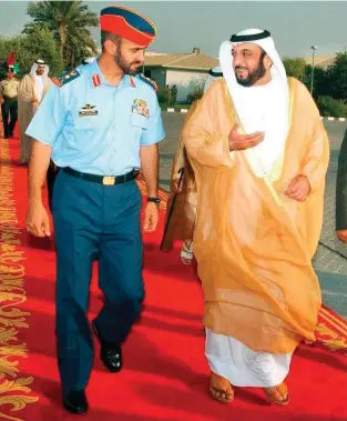 ?? Gulf News Archives ?? Steady leadership
Shaikh Khalifa and Shaikh Mohammad Bin Zayed Al Nahyan, who was at the time the Chief of Staff of the UAE Armed Forces. Shaikh Khalifa’s steady hand kept the UAE stable at a time of regional flux.