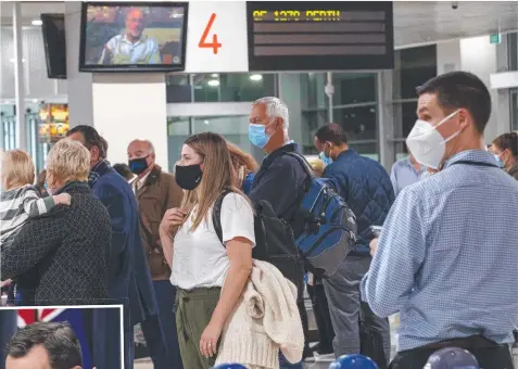  ??  ?? It’s masks all round as travellers arrive in Melbourne from Perth on Friday night and (left) WA Premier Mark McGowan announces the lockdown. Pictures: DAVID GERAGHTY, GETTY