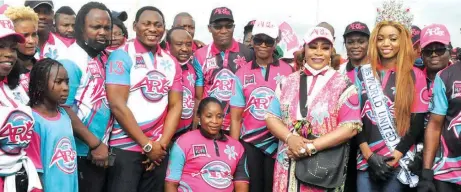  ?? PHOTO: FEMI ADEBESIN- KUTI ?? Super Falcon goalkeeper coach, Ann Agumanu- Chiejine ( left); former Super Eagles stars, Austin Eguavoen; Victor Ikpeba; Daniel Amokachie; Tijani Babangida; Peter Rufai; wife of Ogun State Governor, Mrs. Bamidele Abiodun; Convener, Arise Women, Dr. Siju Iluyomade and Miss World, United Nations, Hadassah Allaputa and others during the 13th Arise Walk for Life at Lekki link bridge in Lagos… at the weekend.