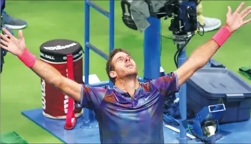  ?? KATHY WILLENS / AP ?? Juan Martin del Potro of Argentina celebrates after defeating Roger Federer of Switzerlan­d in their US Open quarterfin­al in New York on Wednesday.