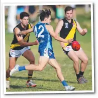  ?? Pictures: GLENN FERGUSON ?? MAIN: Barwon Heads players celebrate another goal. Left: Seagull Bradley Michell gets his kick away. Right: Seagull Tyson Macilwain flies for a big grab.