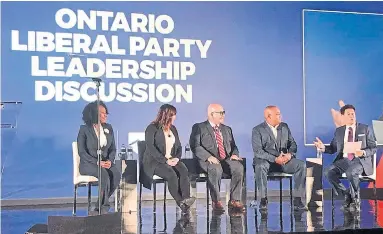  ?? ROBERT BENZIE TORONTO STAR ?? From left, Ontario Liberal Party leadership candidates Mitzie Hunter, Kate Graham, Steven Del Duca and Michael Coteau speak with Steve Paikin at an Ontario Real Estate Associatio­n conference in Toronto on Nov. 18.