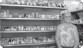  ?? Mona Weatherly ?? Standing with hundreds of salt and pepper shakers, Ladene Hammond said she and her husband Wayne had thousands of items for sale at Junk Jaunt. Wayne started setup at the Fairground­s Aug. 1 They rent the building with the knowledge that “it has to be empty by fair time,” Ladene said.