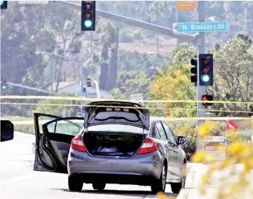  ??  ?? A car, allegedly used by the gunman, is pictured a few hundred feet from the Interstate 15 off-ramp north of San Diego, California. — Reuters photo