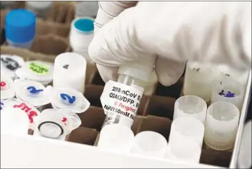  ?? Andrew Caballero- Reynolds AFP/ Getty I mages ?? A VIAL with a potential vaccine at Novavax labs in Maryland. Experts say it’s too early to tell whether the California governor’s announceme­nt will instill more faith in COVID- 19 vaccines or make people more wary.