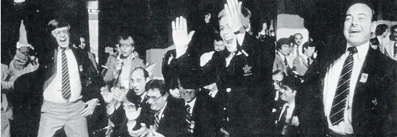  ?? FILES ?? Frank King, right, chairman of the Calgary Olympic Developmen­t Associatio­n and Bob Niven, member of the Calgary delegation, cheer as it’s announced by the Internatio­nal Olympic Committee that Calgary will host the 1988 Winter Olympic Games.