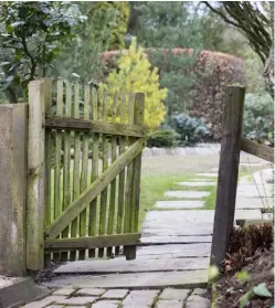  ??  ?? THIS PAGE, FROM TOP LEFT A narrow opening between clipped yew makes an inviting entrance to the herb garden and summerhous­e; the stone dolphin fountain in the raised canal; a rustic gate divides the pinetum from the dell
OPPOSITE Neat yew hedges and...