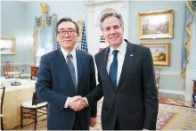  ?? Courtesy of Ministry of Foreign Affairs ?? Foreign Minister Cho Tae-yul, left, shakes hands with U.S. Secretary of State Antony Blinken as they meet for talks at the State Department in Washington, D.C., Wednesday.