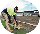  ??  ?? Turf is cut to fit on the new McLean Park outfield in Napier.
