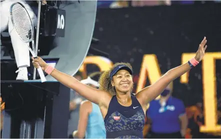  ?? ANDY BROWNBILL AP ?? Naomi Osaka celebrates after defeating Jennifer Brady 6-4, 6-3 in the women’s singles final at the Australian Open.