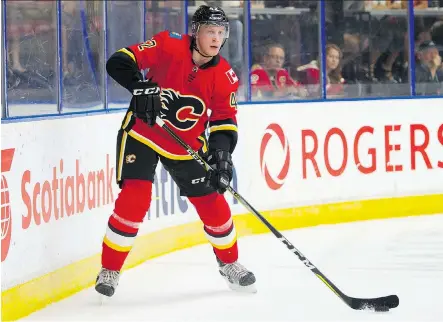  ?? RICHARD LAM ?? Defenceman Juuso Valimaki is still in the running to secure a job with the Calgary Flames as they wind down their exhibition schedule, and considerin­g he was in the lineup against San Jose Thursday night with the Flames’ regulars, he may even be the front-runner for the gig.