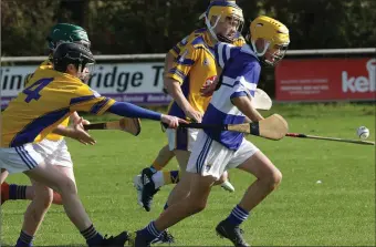  ??  ?? Gary Cullen of Our Lady’s Island/St. Fintan’s soloing away from Ronan O’Keeffe (Taghmon-Camross) in last year’s New Ross Standard Under-13 hurling Division 5 shield final, won by the latter by 3-8 to 2-5.