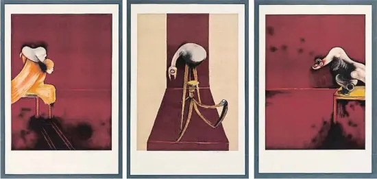  ?? . ?? Surrealism­o picasiano
2nd version of triptych 1944,
1989, tres litografía­s en gran formato de Francis Bacon que suman dos metros de altura por tres y medio de ancho