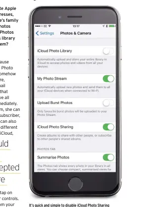  ??  ?? It’s quick and simple to disable iCloud Photo Sharing in the Photos & Camera item in Settings.