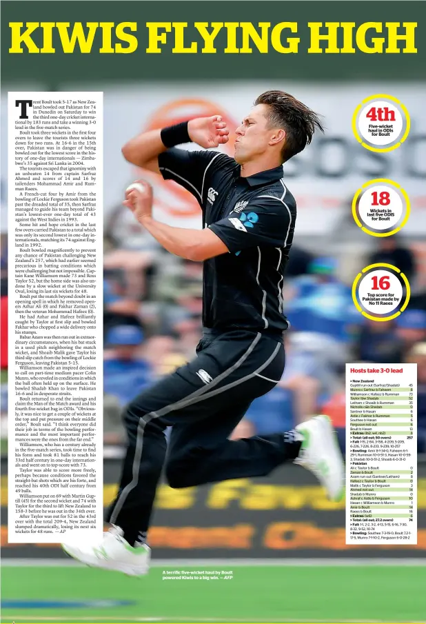  ?? AFP ?? A terrific five-wicket haul by Boult powered Kiwis to a big win. —