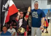  ?? PHOTO FROM TWITTER SCREENSHOT ?? Spring-Ford Intermedia­te School teacher Kevin Bean, right, and as the profession­al wrestler Blitzkrieg, left, giving the Nazi salute.