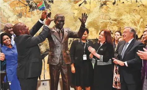  ?? AFP ?? South Africa President Cyril Ramaphosa, UN General Assembly President Maria Fernanda Espinosa and UN Secretary General Antonio Guterres attend the unveiling ceremony of the Nelson Mandela Statue.