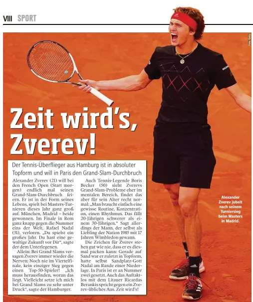  ??  ?? Alexander Zverev jubelt nach seinem Turniersie­g beim Masters in Madrid.
