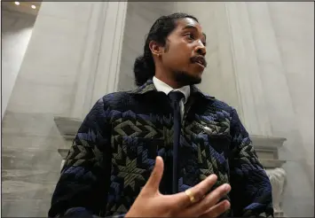  ?? GEORGE WALKER IV / ASSOCIATED PRESS ?? Tennessee state Rep. Justin Jones, D-nashville, speaks outside the House chamber Feb. 5 after the State of the State address in Nashville. Jones was tapped to lead the Pledge of Allegiance before a legislativ­e session but refused. Later, responding to Republican criticism, he said he “couldn’t bring myself to join their performati­ve patriotism as they continue to support an insurrecti­onist for president and undermine liberty and justice for all.”