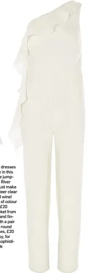  ??  ?? Ditch the dresses and party in this £75 white jumpsuit from River Island. Just make sure to steer clear of the red wine! Add a bit of colour with this £20 stripe jacket from Primark and finish off with a pair of mirror round sunglasses, £20 from Lipsy,...