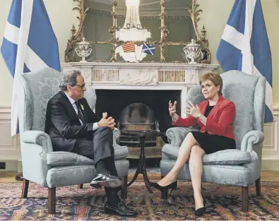  ??  ?? First Minister Nicola Sturgeon chats with the Catalan President, Quim Torra, at Bute House