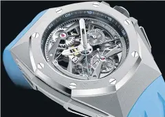  ??  ?? Blue version of Royal Oak Concept Tourbillon Chronograp­h Openworked Selfwindin­g.