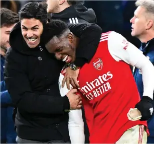  ?? KEVIN QUIGLEY ?? All smiles: Arteta and Nketiah cannot contain their delight