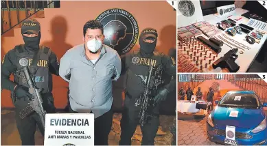  ?? FOTOS: EL HERALDO ?? (1) Gustavo Ferrera Licona ,“Killer”, junto a las evidencias de sus presuntos delitos. (2) Tenía colección de relojes y joyas de oro. (3) Este era el vehículo en el que el supuesto jefe de la MS-13 se movilizaba.