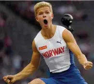  ?? FOTO: NTB SCANPIX ?? Stavhopper Sondre Guttormsen satte norsk rekord da han hoppet 5,75 meter i sin internasjo­nale seniordebu­t – som 19-åring.