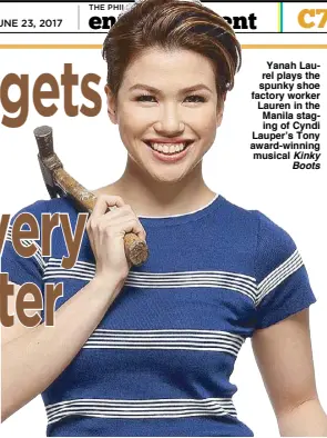  ??  ?? Yanah Laurel plays the spunky shoe factory worker Lauren in the Manila staging of Cyndi Lauper’s Tony award-winning musical Kinky Boots