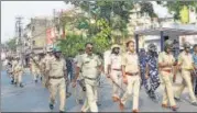  ?? ANI ?? Policemen patrolling the streets after an incident of violence was reported during the by-poll at Bhatpara, West Bengal on Sunday.