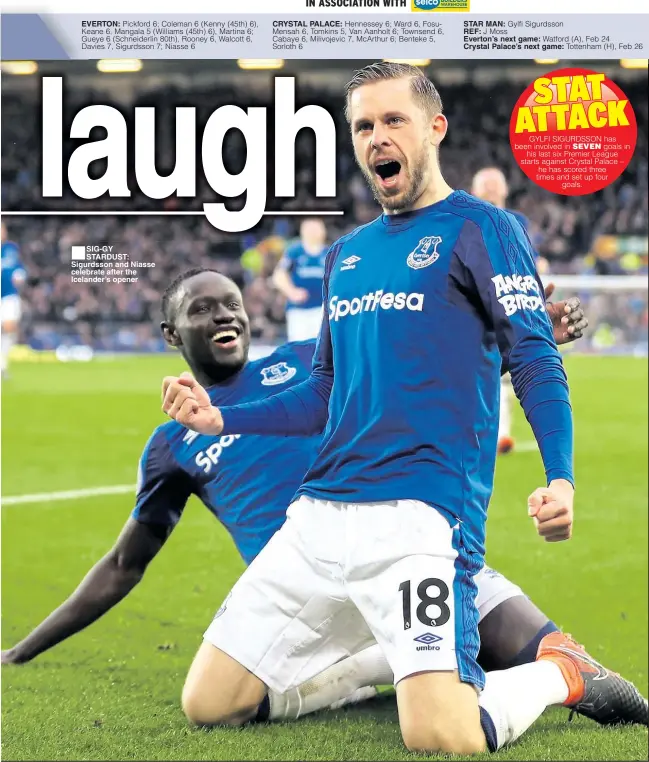  ??  ?? EVERTON: ■
SIG-GY STARDUST: Sigurdsson and Niasse celebrate after the Icelander’s opener STAR MAN:
REF:
Everton’s next game: Crystal Palace’s next game: