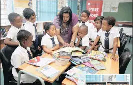  ?? PICTURES: SIBONELO NGCOBO ?? Librarian Sarah Govender reading to a few eager pupils. Inset: Full library shelves at Silverglen Primary.