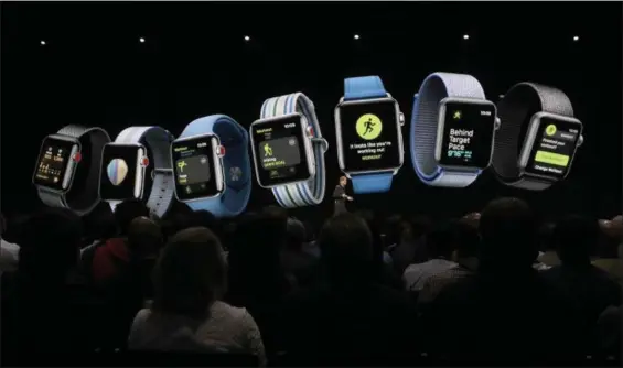  ?? PHOTOS BY KARL MONDON — BAY AREA NEWS GROUP ?? Apple introduces new features to the Apple Watch line at the Apple World Wide Developer’s Conference.