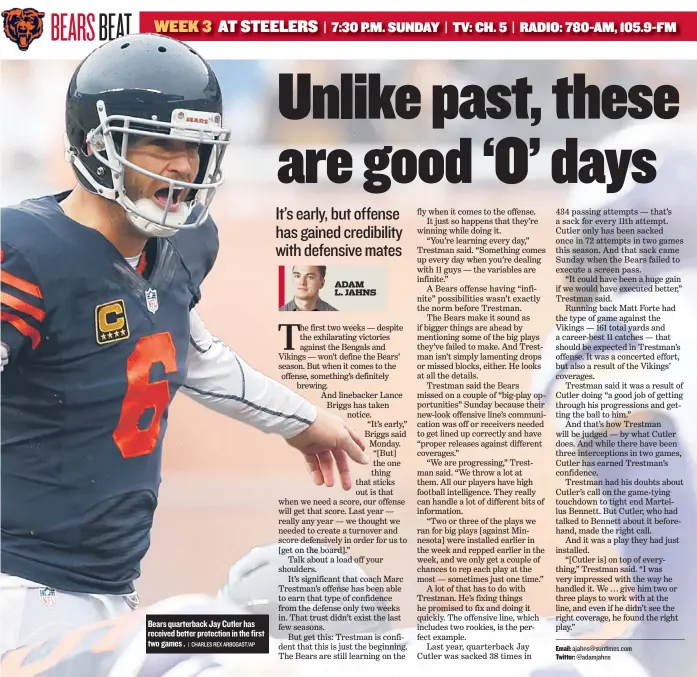  ?? | CHARLES REX ARBOGAST/AP ?? Bears quarterbac­k Jay Cutler has received better protection in the first two games . ADAM L. JAHNS