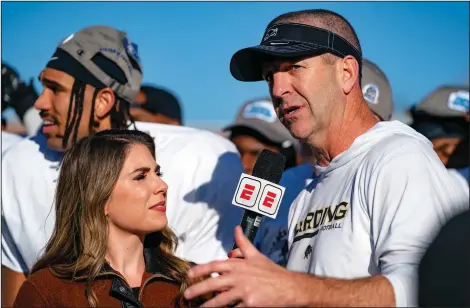  ?? ?? Harding Coach Paul Simmons talks with media Dec. 16 after winning the Division II national championsh­ip game against Colorado School of Mines at McKinney ISD Stadium in McKinney, Texas. (Special to the Democrat-Gazette/Chris Leduc)