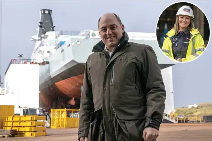  ?? ?? Defence Secretary Ben Wallace during a visit to BAE Govan shipyard, and inset, Nadia Savage, of BAE