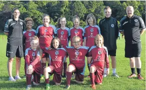  ??  ?? Dryburgh Athletic Girls 11s with coaches Kirsty Oliphant, Reece Watt and Ryan Hurrell.