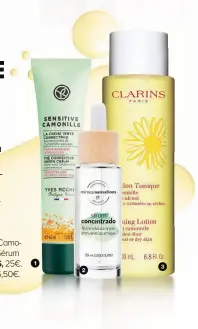  ??  ?? 1. Crema Correctora Verde Sensitive Camomille de YVES ROCHER, 22,95€. 2. Sérum hidratante de MIMESIS SENSATIONS, 25€.
3. Tónico Camomille de CLARINS, 26,50€.