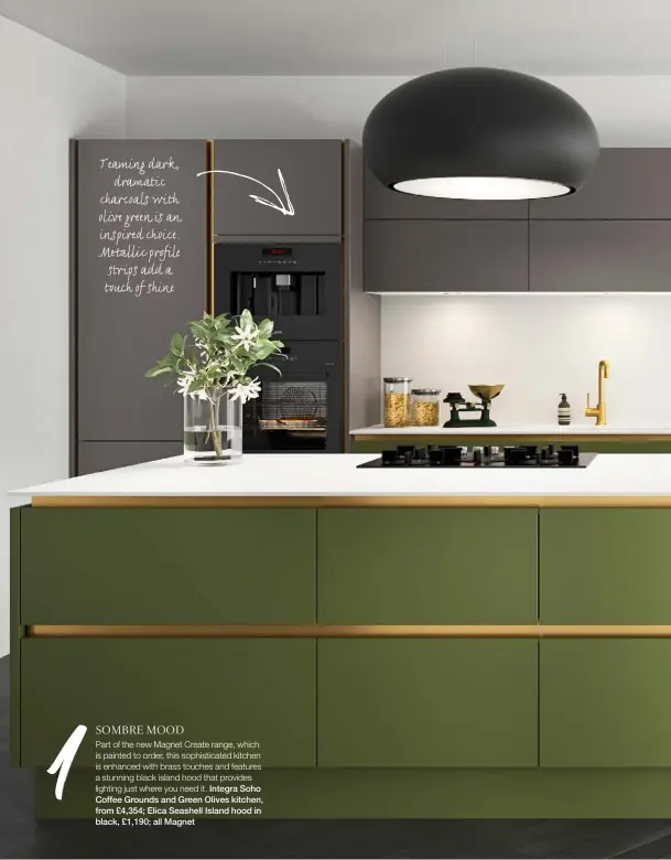  ??  ?? Teaming dark, dramatic charcoals with olive green is an inspired choice.
Metallic profile strips add a touch of shine