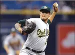  ??  ?? Oakland A’s pitcher Sean Manaea delivers to the Tampa Bay Rays on Saturday during the second game of the majors’ first scheduled doublehead­er since 2011.