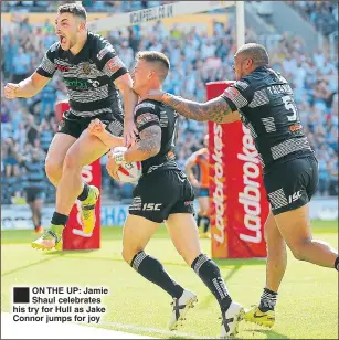  ??  ?? ON THE UP: Jamie Shaul celebrates his try for Hull as Jake Connor jumps for joy