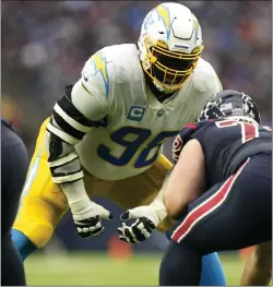  ?? MATT PATTERSON — THE ASSOCIATED PRESS ?? Defensive lineman Linval Joseph lines up for a snap with the Los Angeles Chargers last December against the Houston Texans. The Eagles signed Joseph Wednesday to fill a void at defensive tackle.