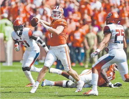  ?? Richard Shiro, The Associated Press ?? Clemson quarterbac­k Chase Brice, who was third string last week, throws a pass Saturday against Syracuse. Brice directed a 94yard drive that concluded with the winning touchdown with 41 seconds left.