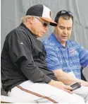  ?? LLOYD FOX/BALTIMORE SUN ?? Orioles executive VP Dan Duquette, right, and manager Buck Showalter are awaiting decisions on their contracts.