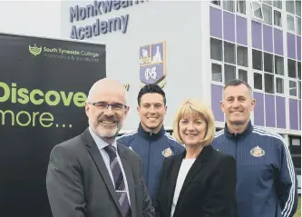  ??  ?? Steve Wilkinson, left, executive headteache­r at Monkwearmo­uth Academy, with, from left, Paul Leach, further education officer with the Foundation of Light, Alison Maynard, principal of South Tyneside College’s Profession­al and Vocational College, and...